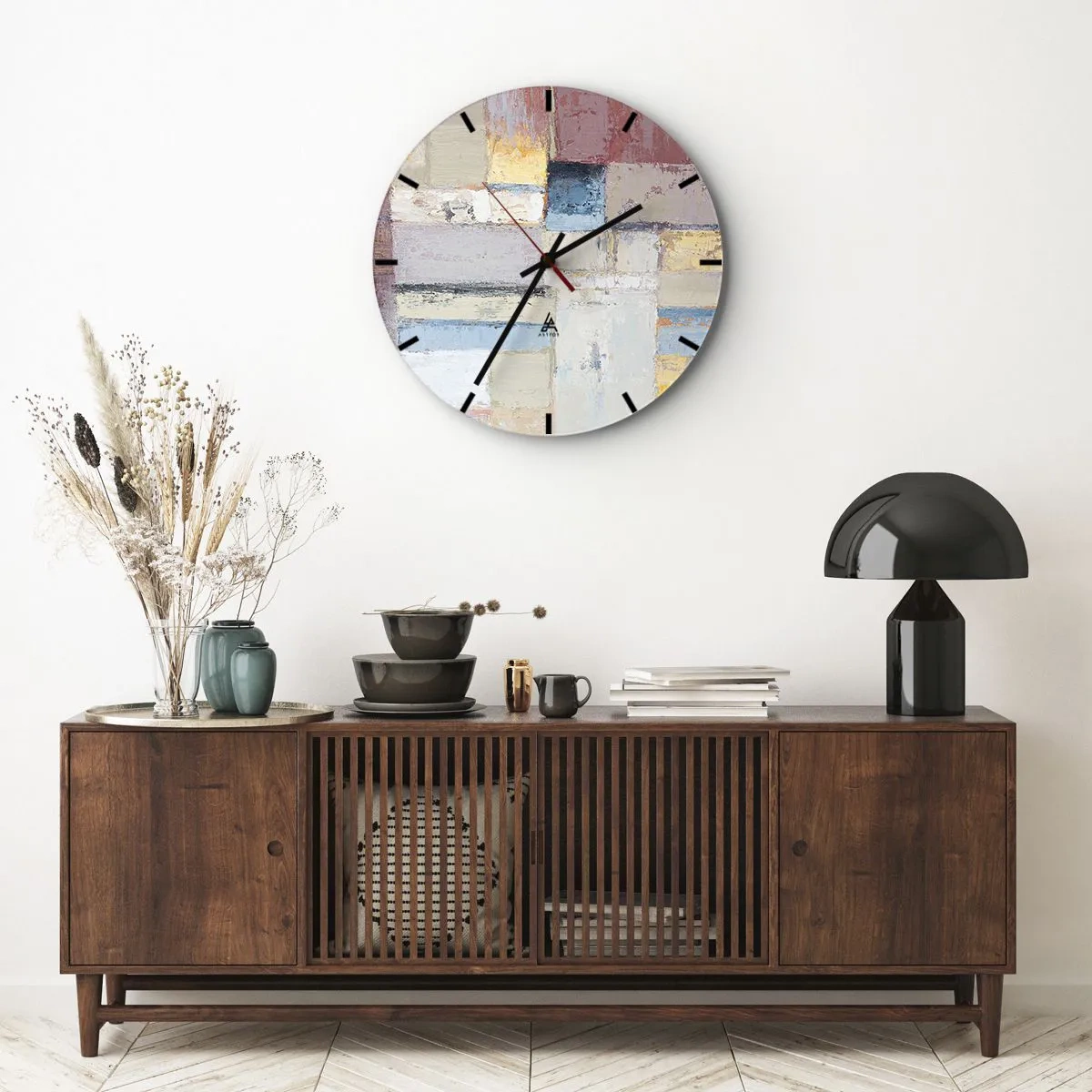 Vægur, Uret - Abstrakt geometrisk komposition i pastelfarver - 30x30cm - Geometriens ro - Moderne vægdekoration til stue, køkken og soveværelse ARTTOR