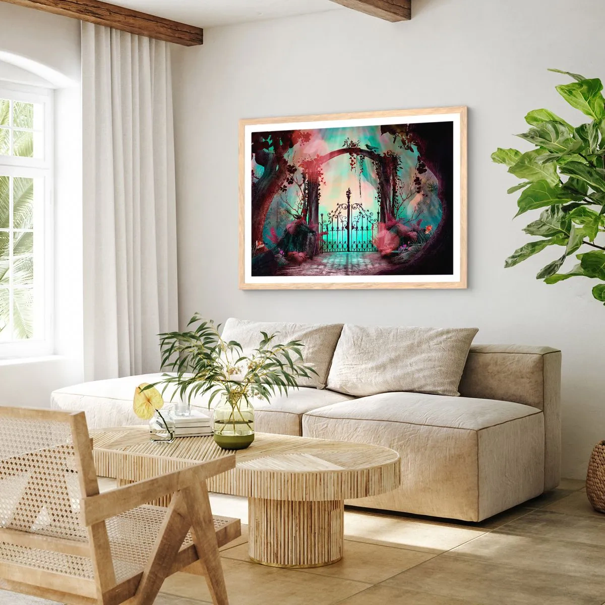 Plakat i ramme af lyst egetræ - Hemmelig have - 100x70 cm