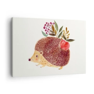 Lærredstryk - Billede på lærred - Et sødt pindsvin med et æble og planter i illustrativ stil - 70x50cm - Og du kan allerede lide mig - Moderne vægdekoration til stue og soveværelse ARTTOR