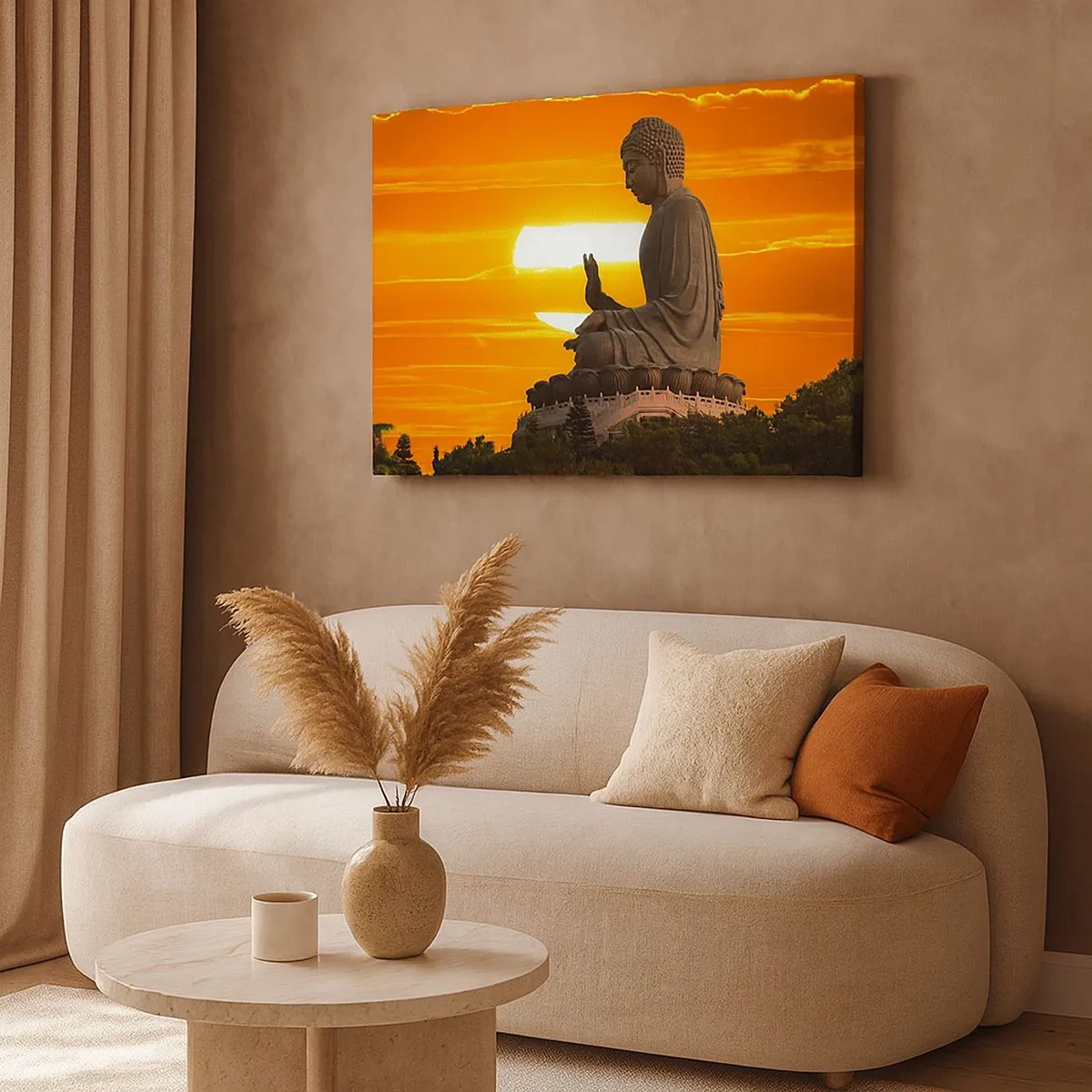 Lærredstryk - Billede på lærred - En buddhistisk statue mod en orange solnedgangs baggrund - 70x50cm - Uden frygt for verden - Moderne vægdekoration til stue og soveværelse ARTTOR