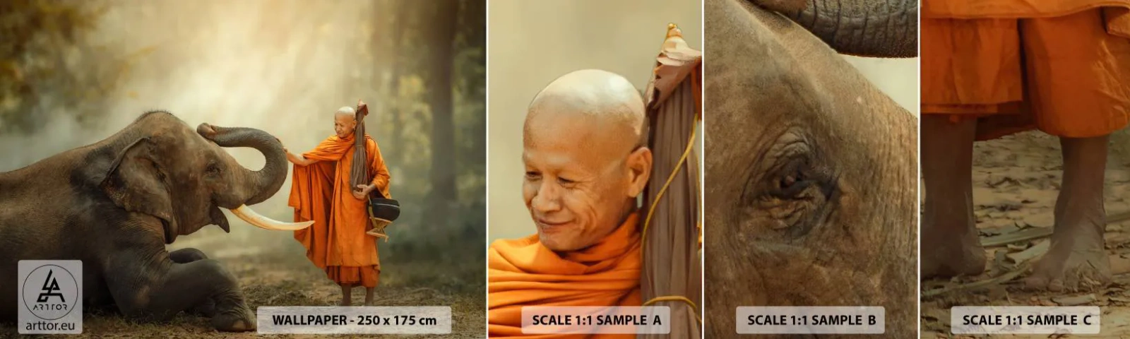 Fototapet Prøve Standard Eco - Møde på ferien - Asien, Elefant, Munk - 100x30 cm