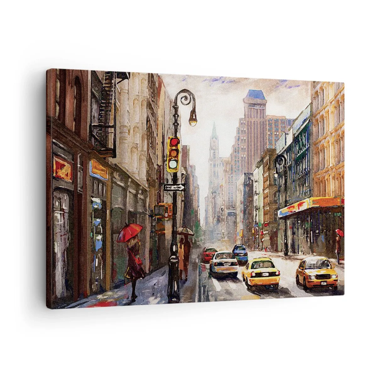 Lærredstryk - Billede på lærred - Bylandskab med en gade og gule taxaer - 70x50cm - New York - også farverig i regnvejr - Moderne vægdekoration til stue og soveværelse ARTTOR