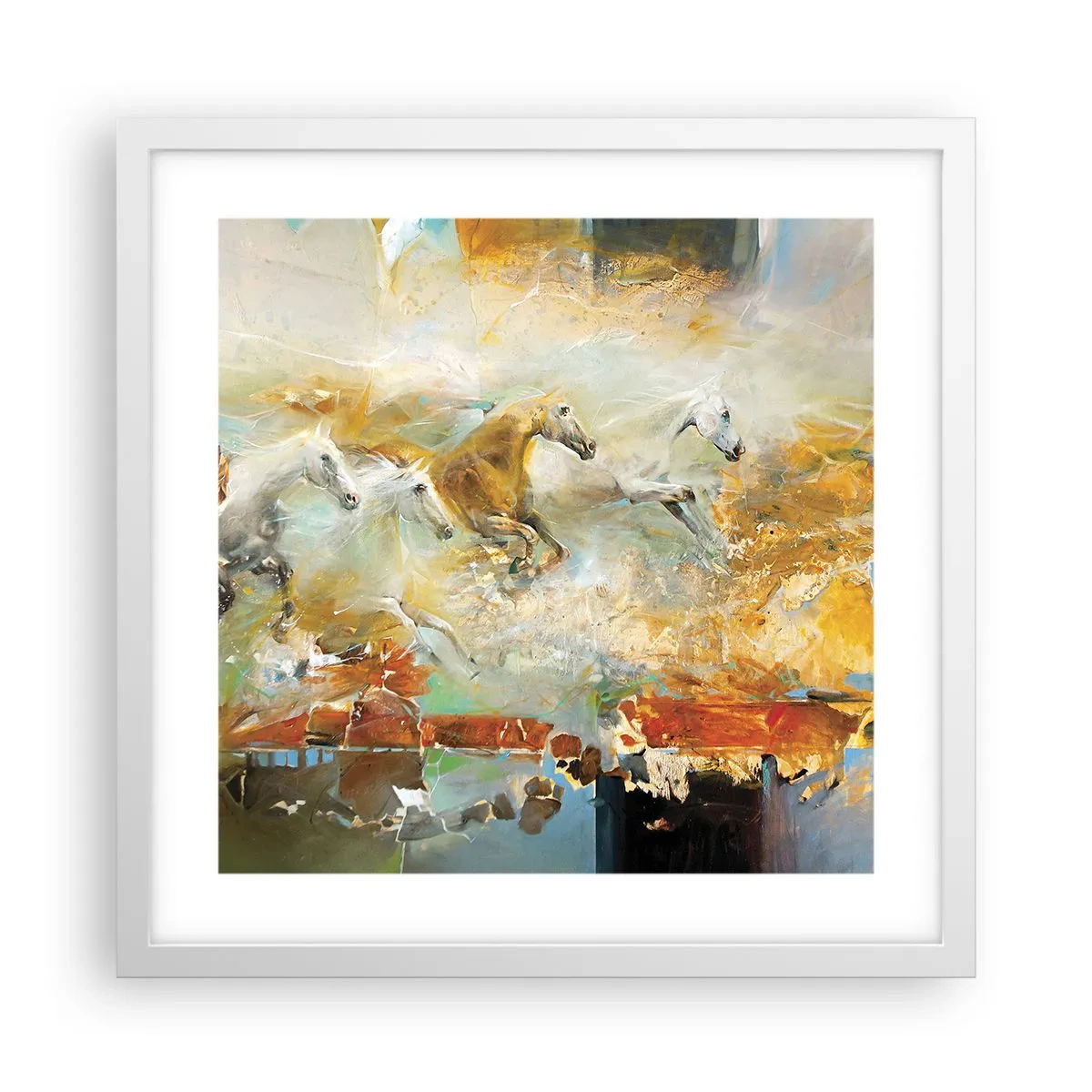 Plakat i hvid ramme - Galopperer gennem lyset - 40x40 cm