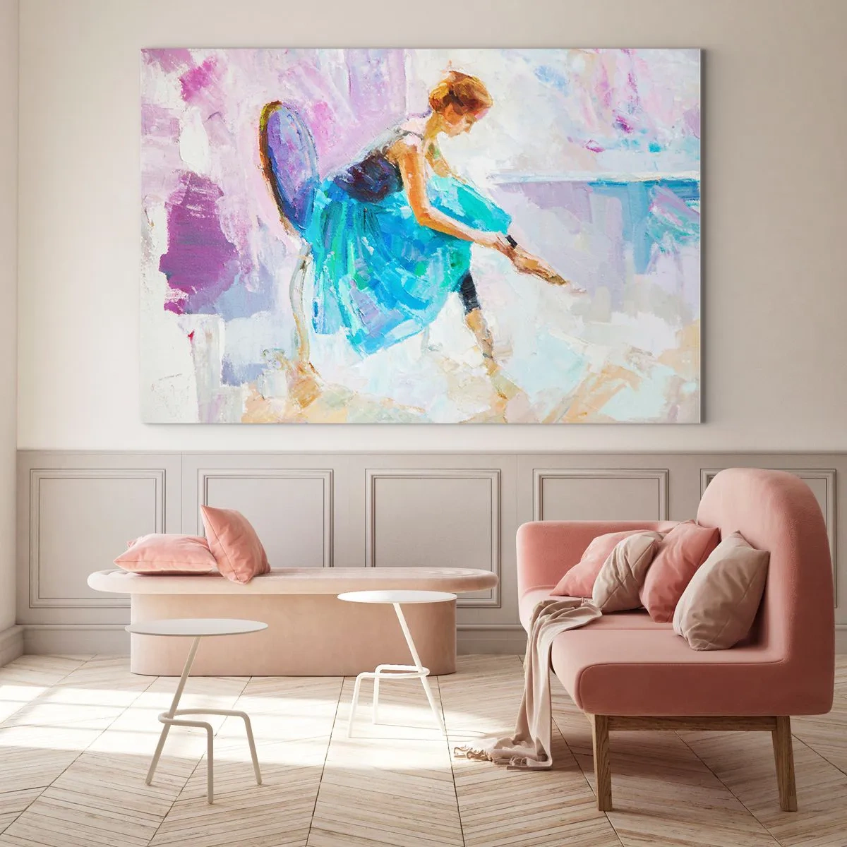 Billede på glas - En ballerina i en blå kjole mod en impressionistisk baggrund - 70x50cm - Ubeskrivelig ynde, subtil charme - Moderne vægdekoration til stue og soveværelse ARTTOR