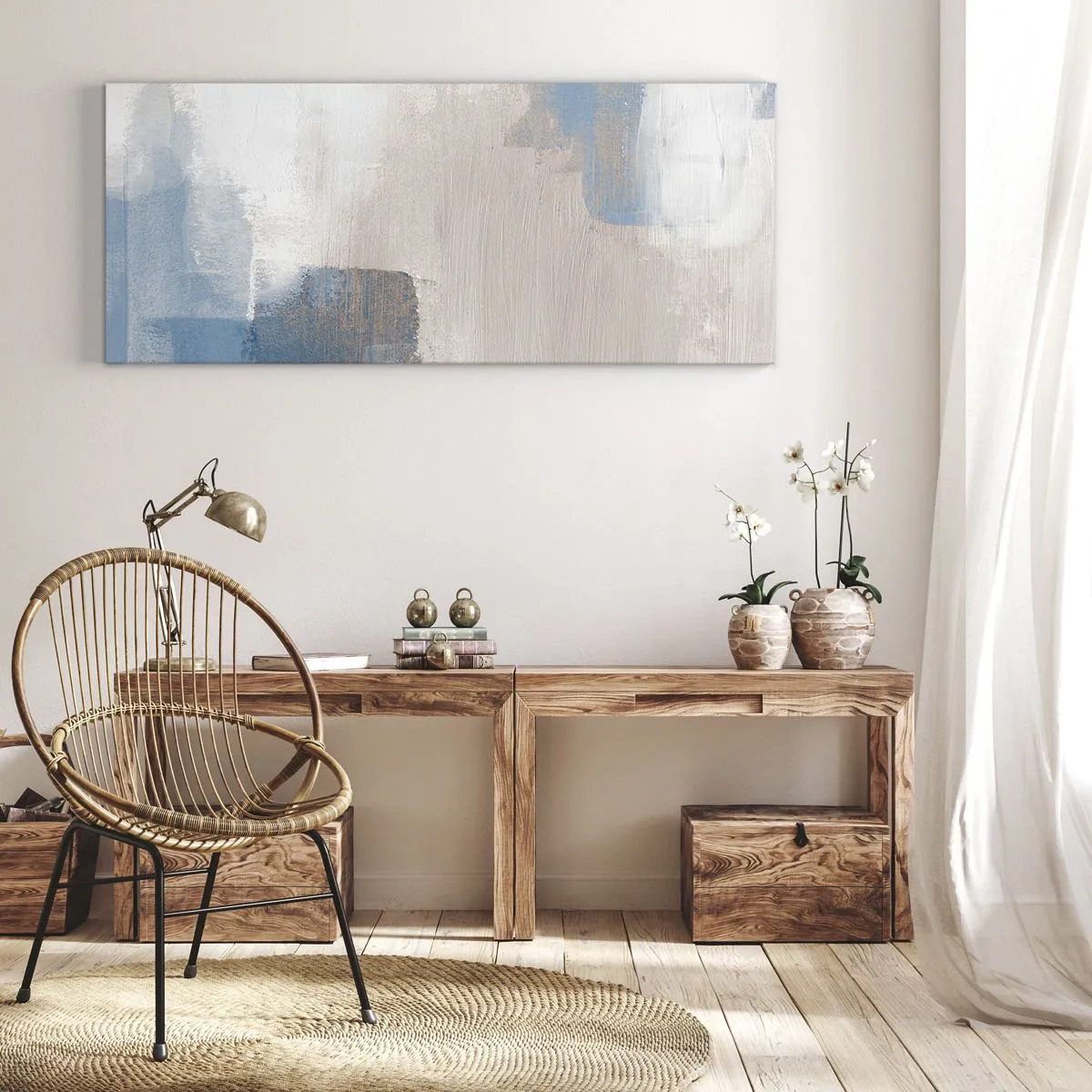 Lærredstryk - Billede på lærred - Lyserød abstraktion bag et slør af blåt - 100x40 cm
