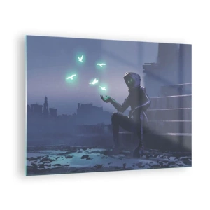 Billede på glas - En figur i mørket omgivet af svævende grønne fugle - 70x50cm - Livet vil vende tilbage - Moderne vægdekoration til stue og soveværelse ARTTOR