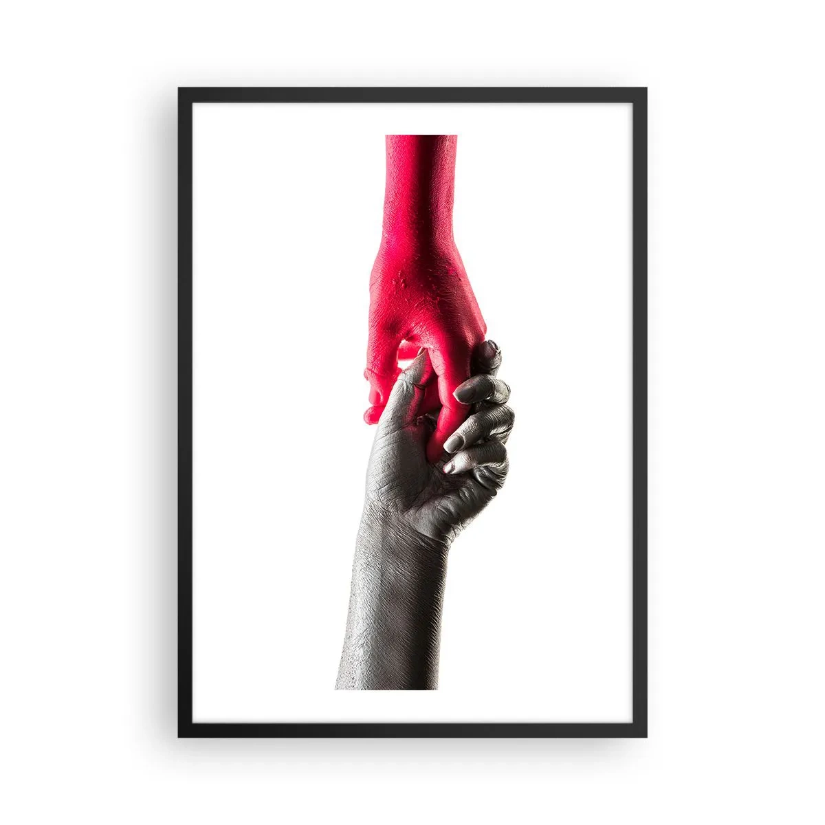 Plakat i sort ramme - Symbolske hænder i rødt og sølv på en hvid baggrund - 50x70cm - Sammen, om end forskellige - Moderne vægdekoration til stue og soveværelse ARTTOR