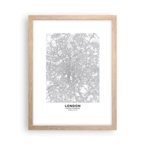 Plakat i ramme af lyst egetræ - Kort over Londons labyrint - 30x40 cm