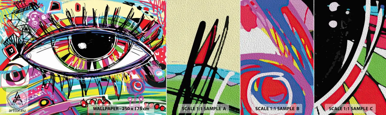 Prøve Fototapet Premium Sand - Et farverigt øje - en farverig sjæl - Abstraktion, Øje, Grafik - 100x30 cm