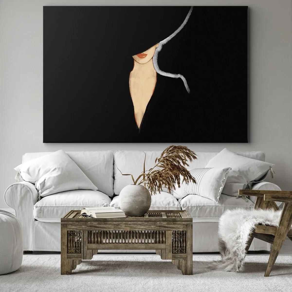 Lærredstryk - Billede på lærred - Silhuet af en kvinde med hat på sort baggrund - 70x50cm - Elegance og stil - Moderne vægdekoration til stue og soveværelse ARTTOR