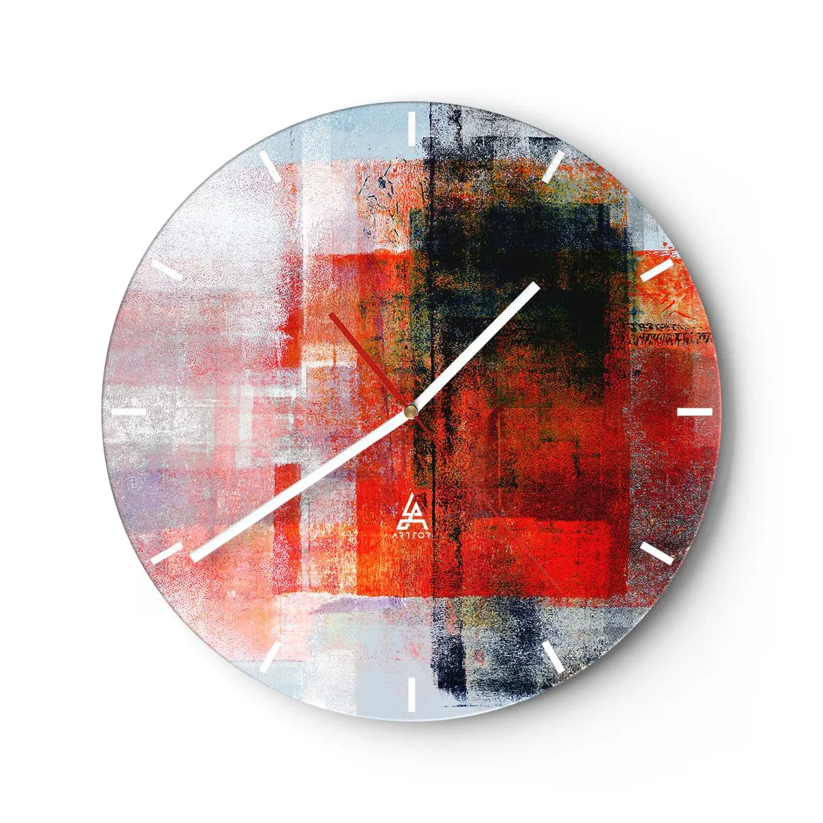 Vægur, Uret - Abstrakte geometriske former i røde nuancer - 30x30cm - Glødende komposition - Moderne vægdekoration til stue, køkken og soveværelse ARTTOR