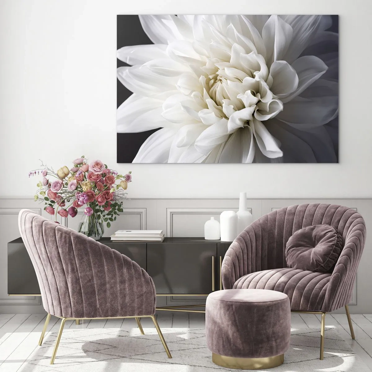 Billede på glas - Et nærbillede af en hvid dahlia på en sort og grå baggrund - 70x50cm - Morgenbrud - Moderne vægdekoration til stue og soveværelse ARTTOR
