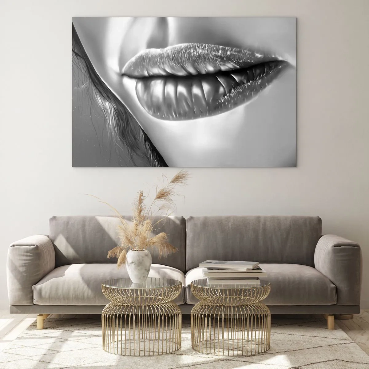 Billede på glas - Sensuelle feminine læber i monokromatiske toner - 70x50cm - Jeg ved, hvad du tænker... - Moderne vægdekoration til stue og soveværelse ARTTOR