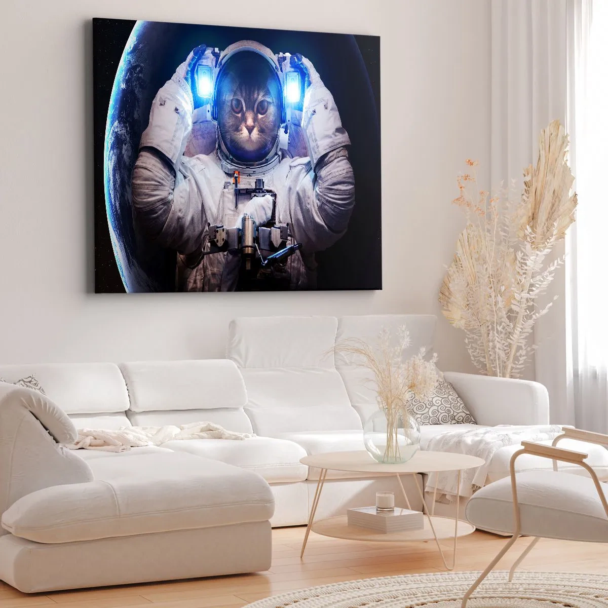 Lærredstryk - Billede på lærred - En kat i en astronautdragt med Jorden i baggrunden og et klart lys. - 70x50cm - Houston, I har et problem - Moderne vægdekoration til stue og soveværelse ARTTOR