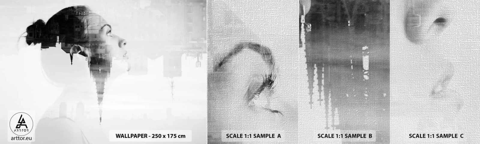 Prøve Fototapet Premium Canvas - På begge sider af glasset - Abstraktion, Kvindens ansigt, Arkitektur - 100x30 cm