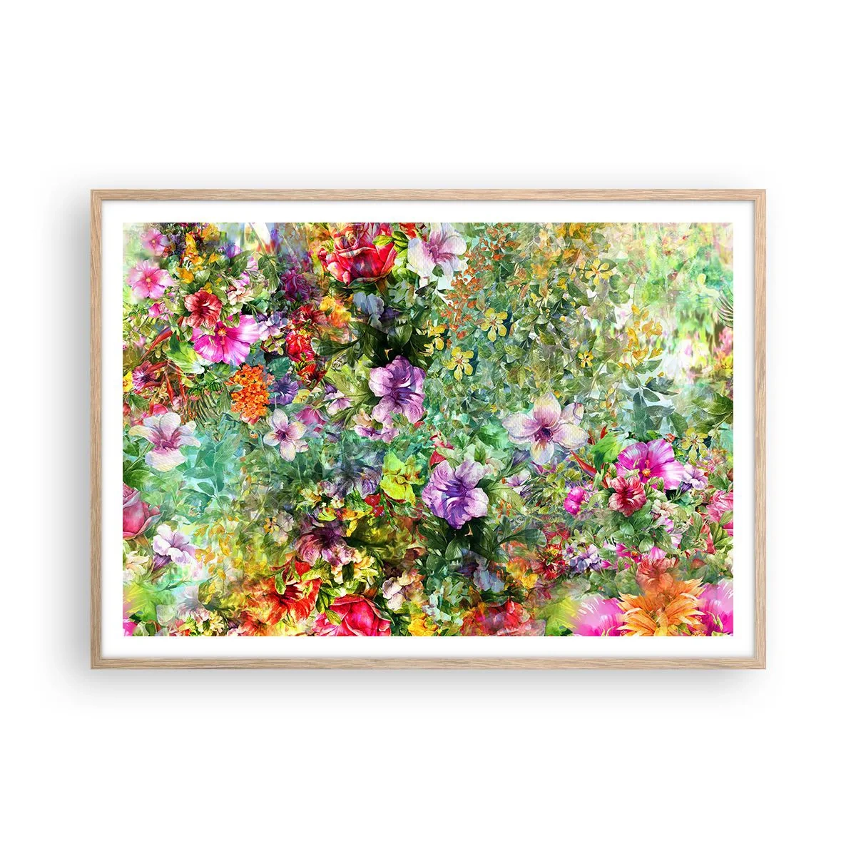 Plakat i ramme af lyst egetræ - Ind i blomsterne ved fortabelse - 100x70 cm