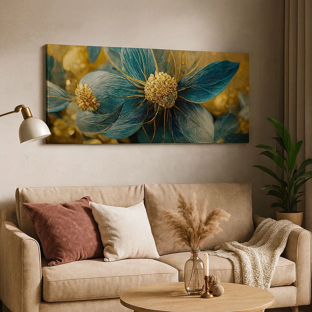 Lærredstryk - Billede på lærred - Blomstre med guld - 100x40 cm