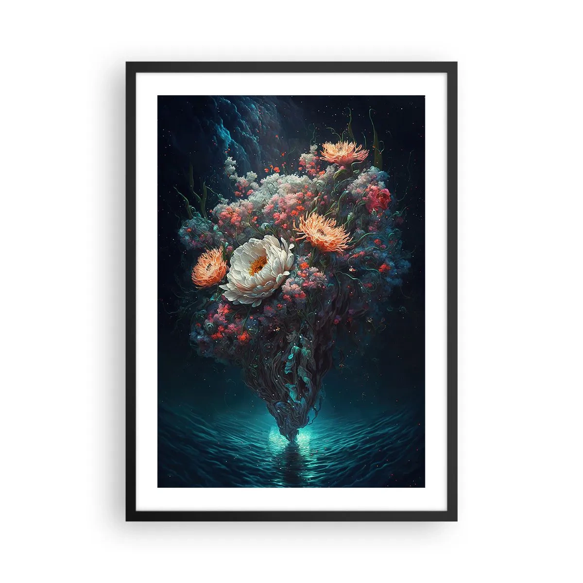 Plakat i sort ramme - Et magisk blomsterarrangement, der svæver over vandet - 50x70cm - Mærkelig have - Moderne vægdekoration til stue og soveværelse ARTTOR