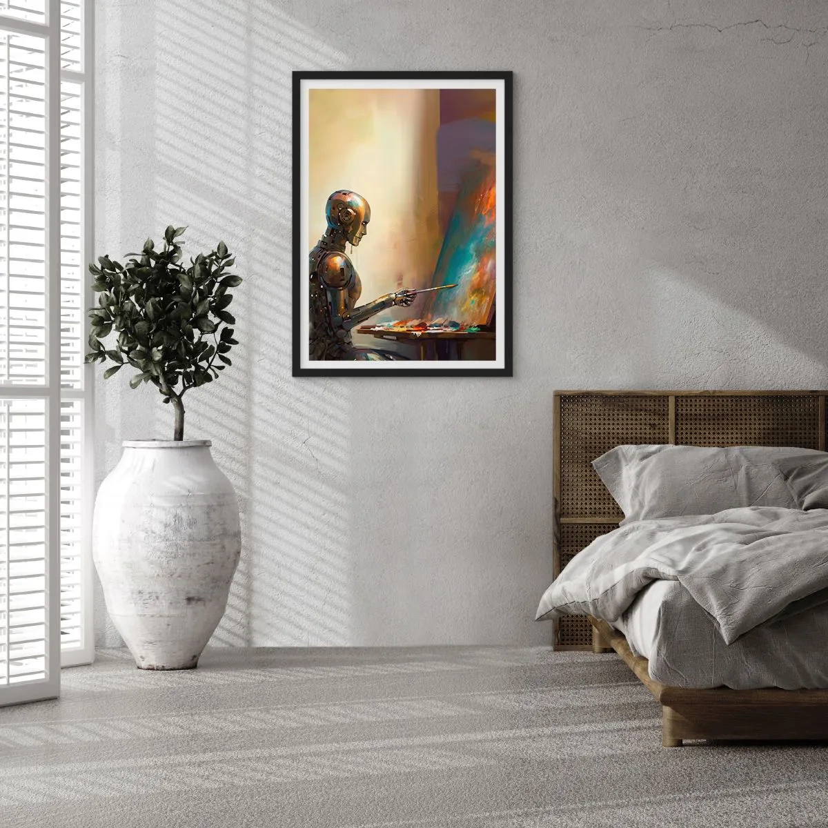 Plakat i sort ramme - Robotmaler ved et staffeli i futuristisk stil - 50x70cm - Fremtidens kunst - Moderne vægdekoration til stue og soveværelse ARTTOR