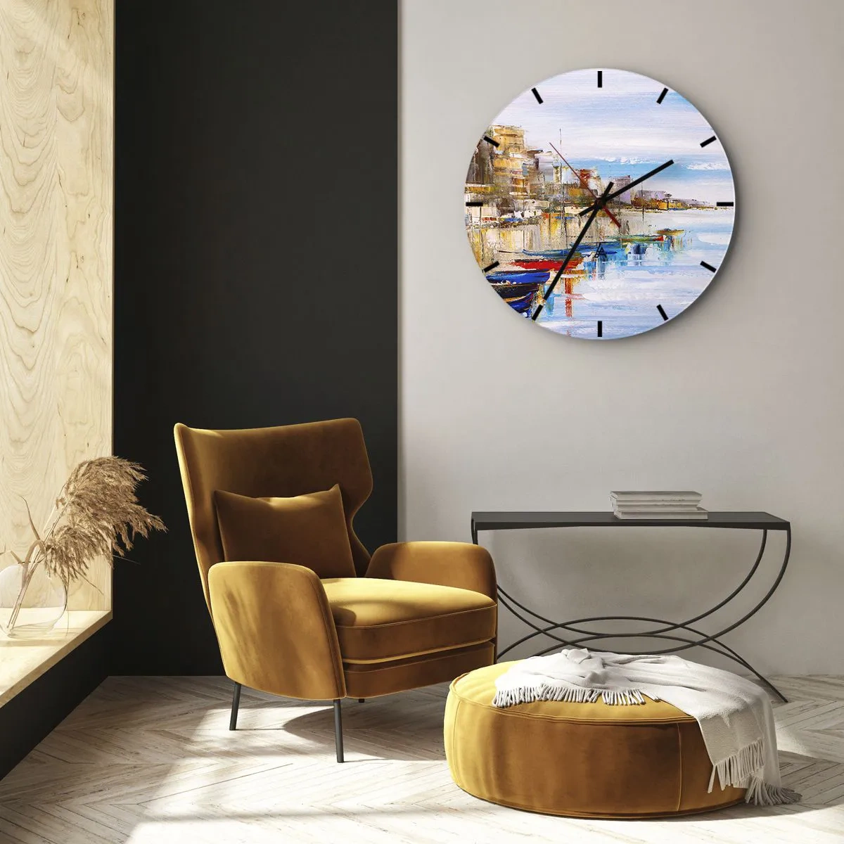 Vægur, Uret - Et farverigt byparadis i impressionistisk stil - 30x30cm - Flerfarvet urban havn - Moderne vægdekoration til stue, køkken og soveværelse ARTTOR