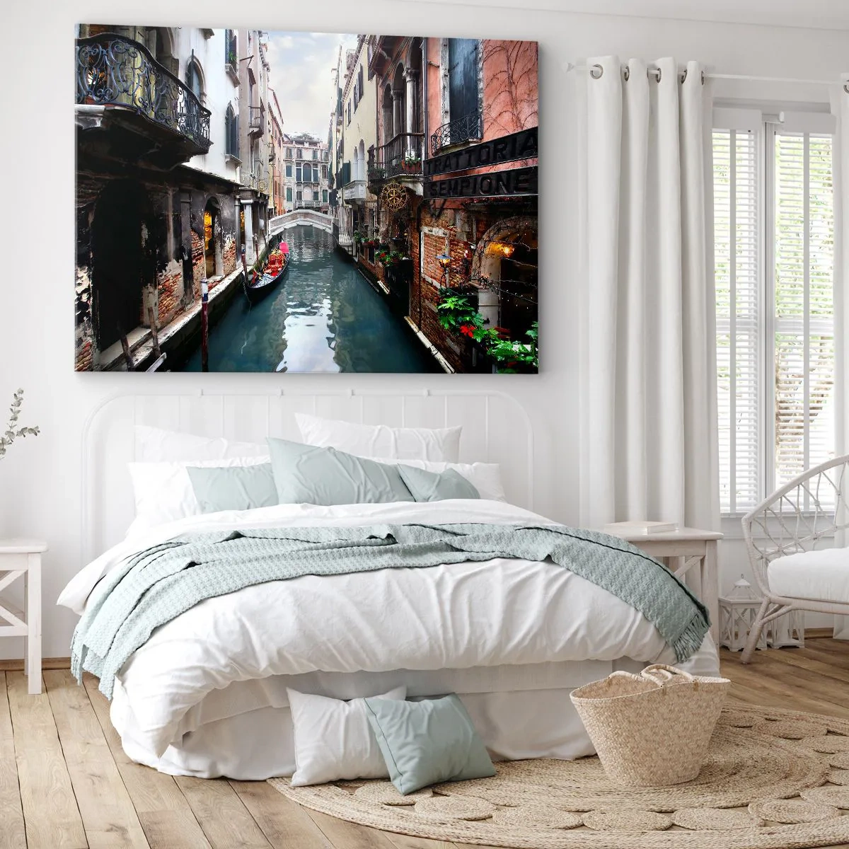 Lærredstryk - Billede på lærred - Venetiansk landskab med gondol og bro - 120x80 cm