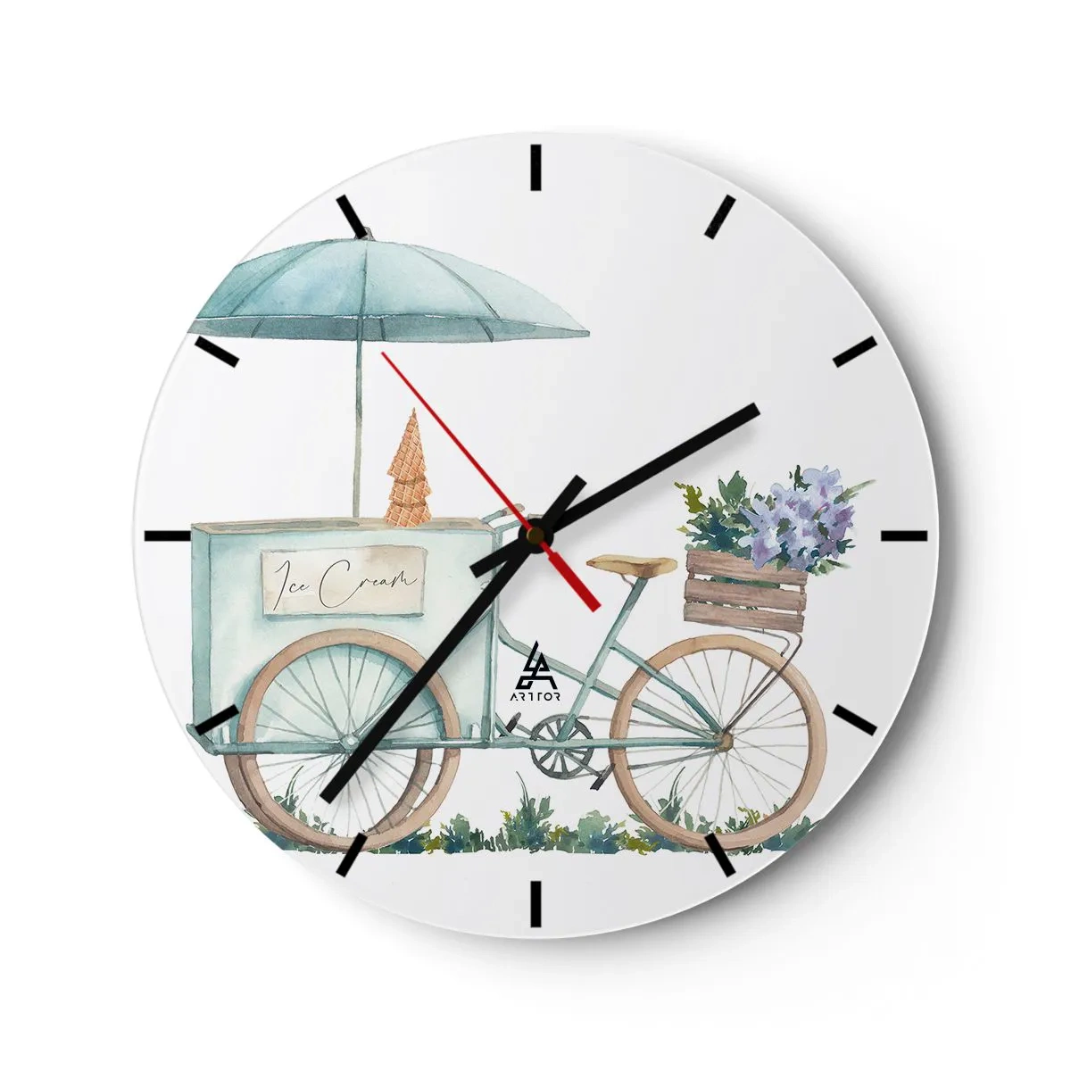 Vægur, Uret - En cykel med is og blomster i pastelfarver - 30x30cm - Sødt minde om sommeren - Moderne vægdekoration til stue, køkken og soveværelse ARTTOR