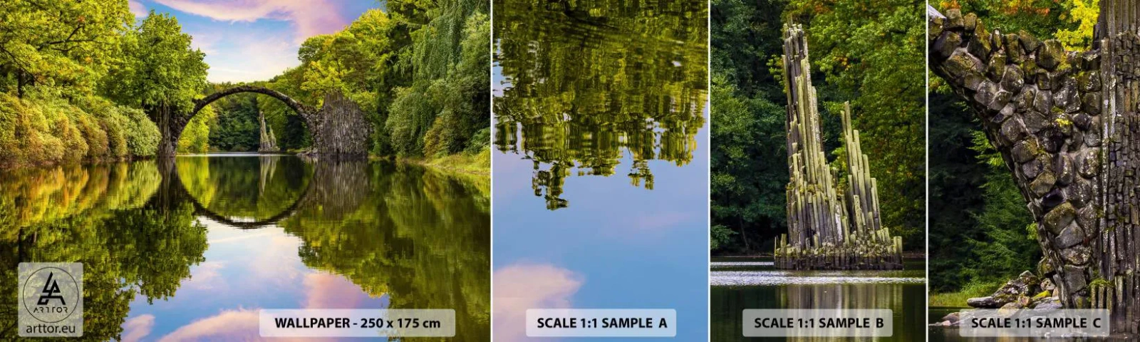 Prøve Fototapet Selvklæbende Deluxe Sticker - På mødet mellem to verdener - Landskab, flod, Bro - 100x30 cm