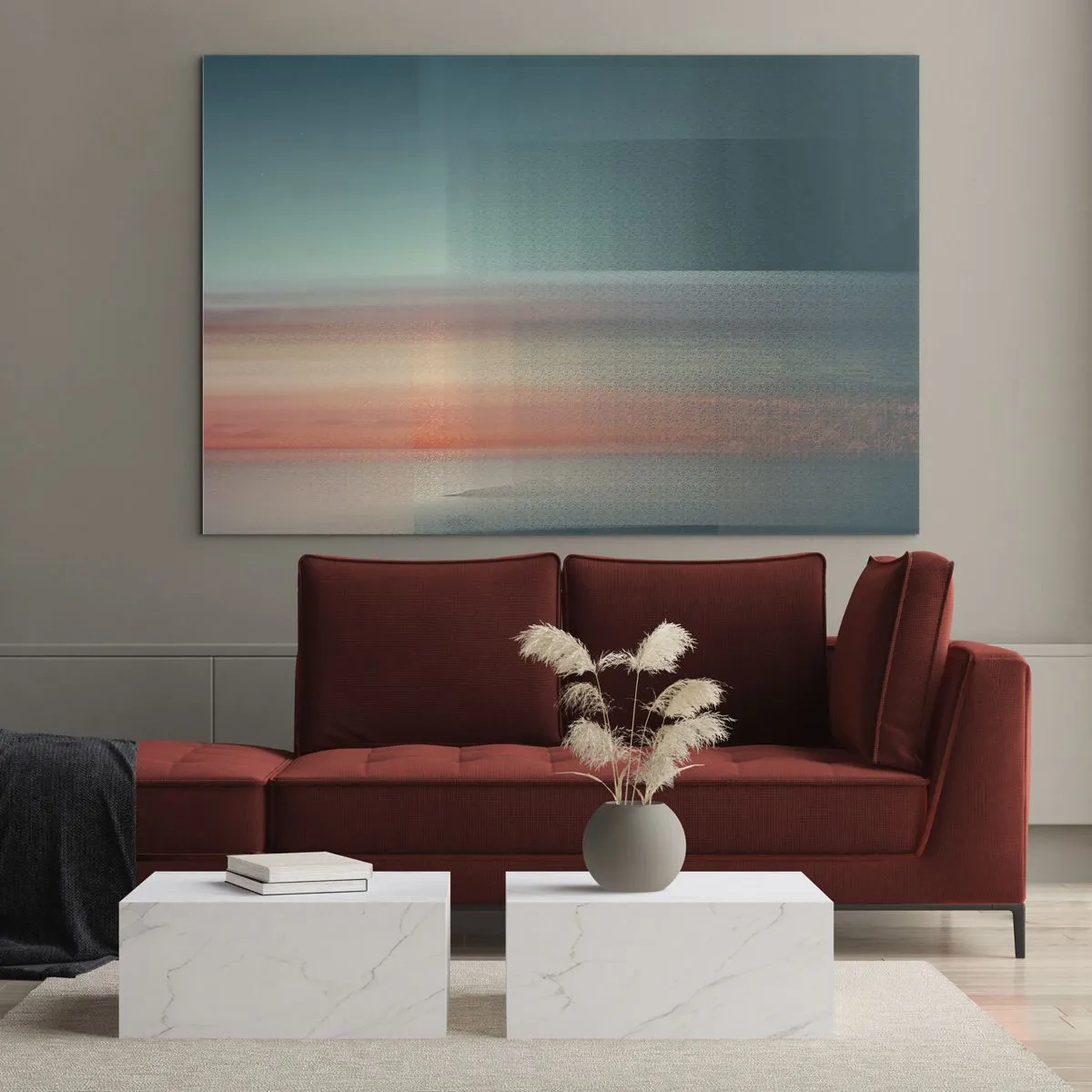Billede på glas - En pastelfarvet abstraktion, der minder om lysbølger ved solnedgang. - 70x50cm - Abstraktion: bølger af lys - Moderne vægdekoration til stue og soveværelse ARTTOR