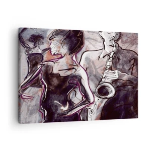 Lærredstryk - Billede på lærred - Abstrakt jazzscene med en saxofonist og en dansende kvinde. - 70x50cm - Opløses i musikken - Moderne vægdekoration til stue og soveværelse ARTTOR