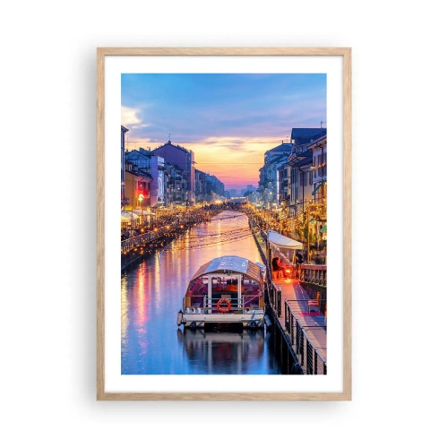 Plakat i ramme af lyst egetræ - En aften med lys og sjov - 50x70 cm