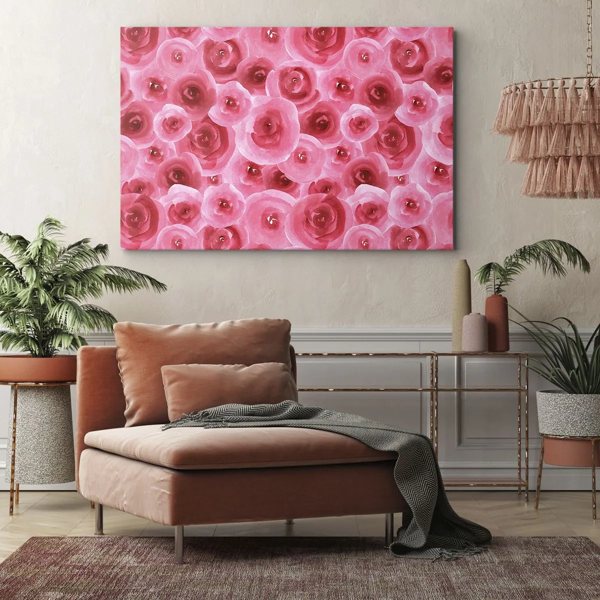 Lærredstryk - Billede på lærred - Fine roser i pastelfarvede lyserøde nuancer - 70x50cm - Roser under og over - Moderne vægdekoration til stue og soveværelse ARTTOR