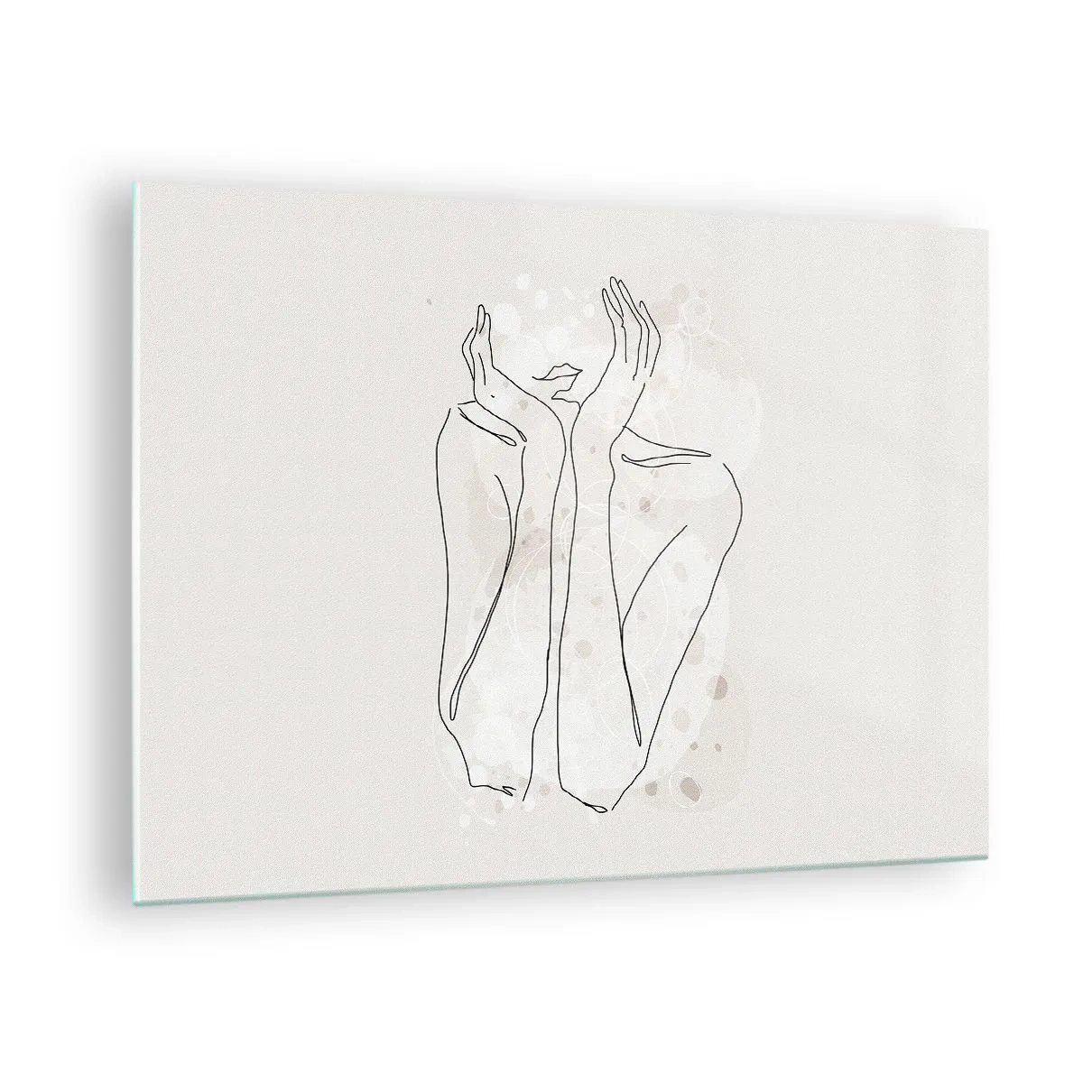 Billede på glas - En minimalistisk skitse af en kvindes hænder og læber mod en beige baggrund. - 70x50cm - En drømmende stund - Moderne vægdekoration til stue og soveværelse ARTTOR