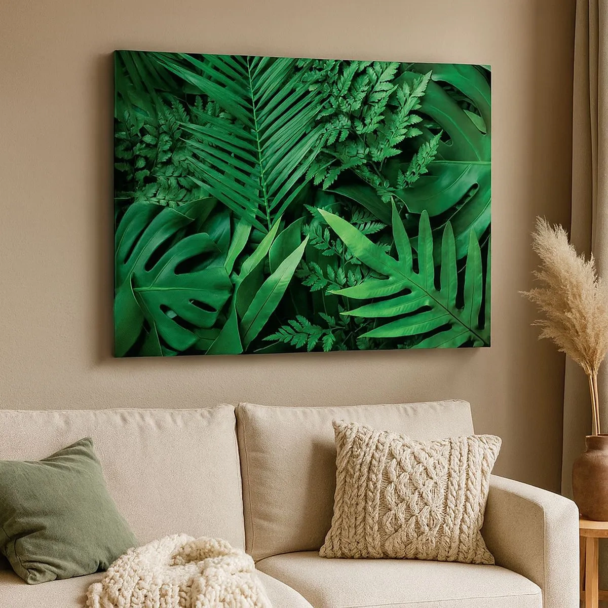 Lærredstryk - Billede på lærred - Grønne tropiske blade i en tæt og naturlig sammensætning - 70x50cm - Kranset i grønt - Moderne vægdekoration til stue og soveværelse ARTTOR