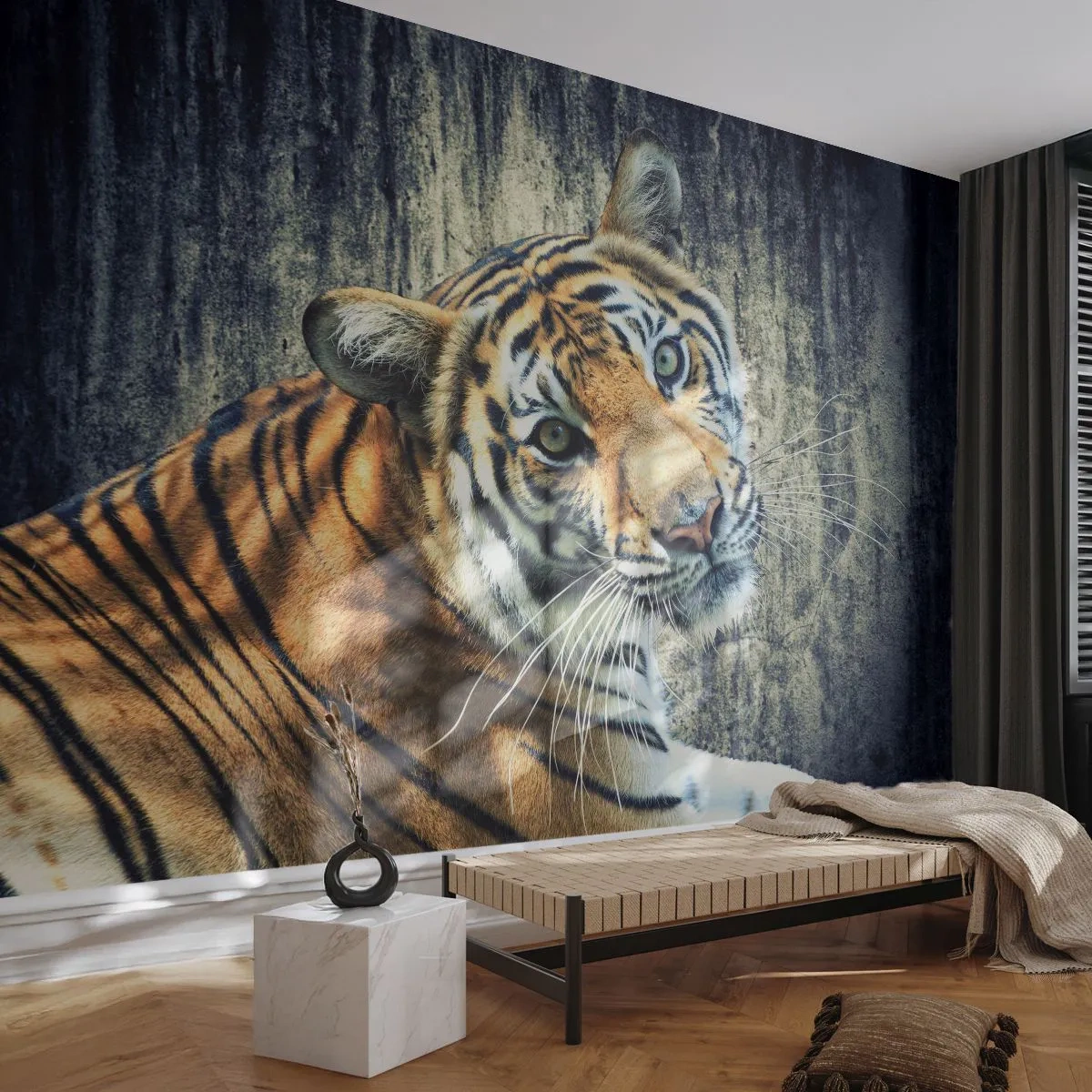 Fototapet Standard Eco - Portræt i lysstrømme - Dyr, Tiger, Afrika - 250x175 cm