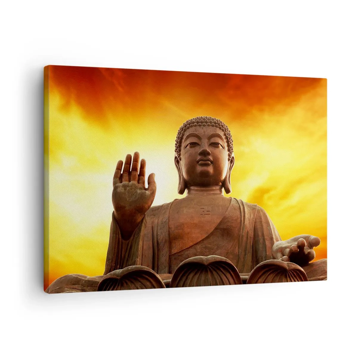 Lærredstryk - Billede på lærred - En Buddha-statue mod en gylden solnedgangshimmel - 70x50cm - Fred i verden - Moderne vægdekoration til stue og soveværelse ARTTOR