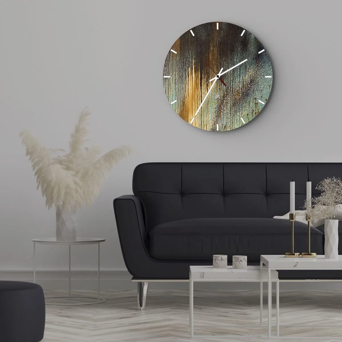 Vægur, Uret - Abstrakte malingsstriber i guld, blå og sort - 30x30cm - En utilsigtet farverig komposition - Moderne vægdekoration til stue, køkken og soveværelse ARTTOR