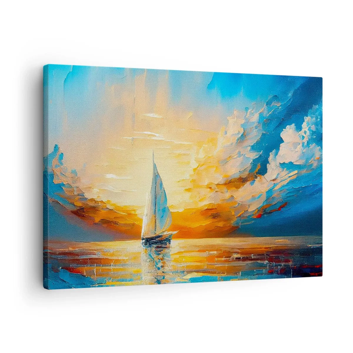 Lærredstryk - Billede på lærred - En sejlbåd mod en baggrund af den nedgående sol og farverige skyer - 70x50cm - Sejler i guld - Moderne vægdekoration til stue og soveværelse ARTTOR
