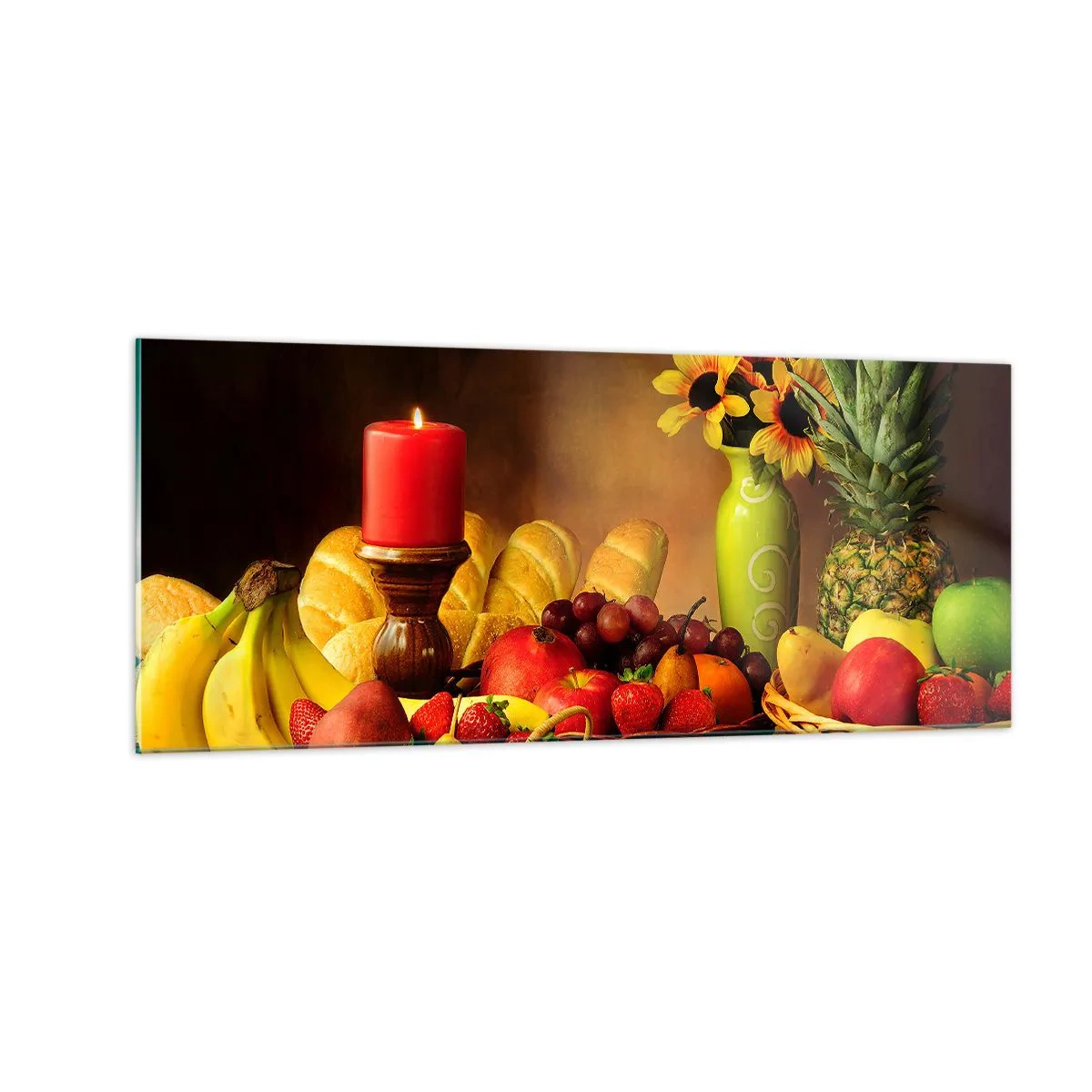 Billede på glas - Stilleben med brød og frugt - 100x40 cm