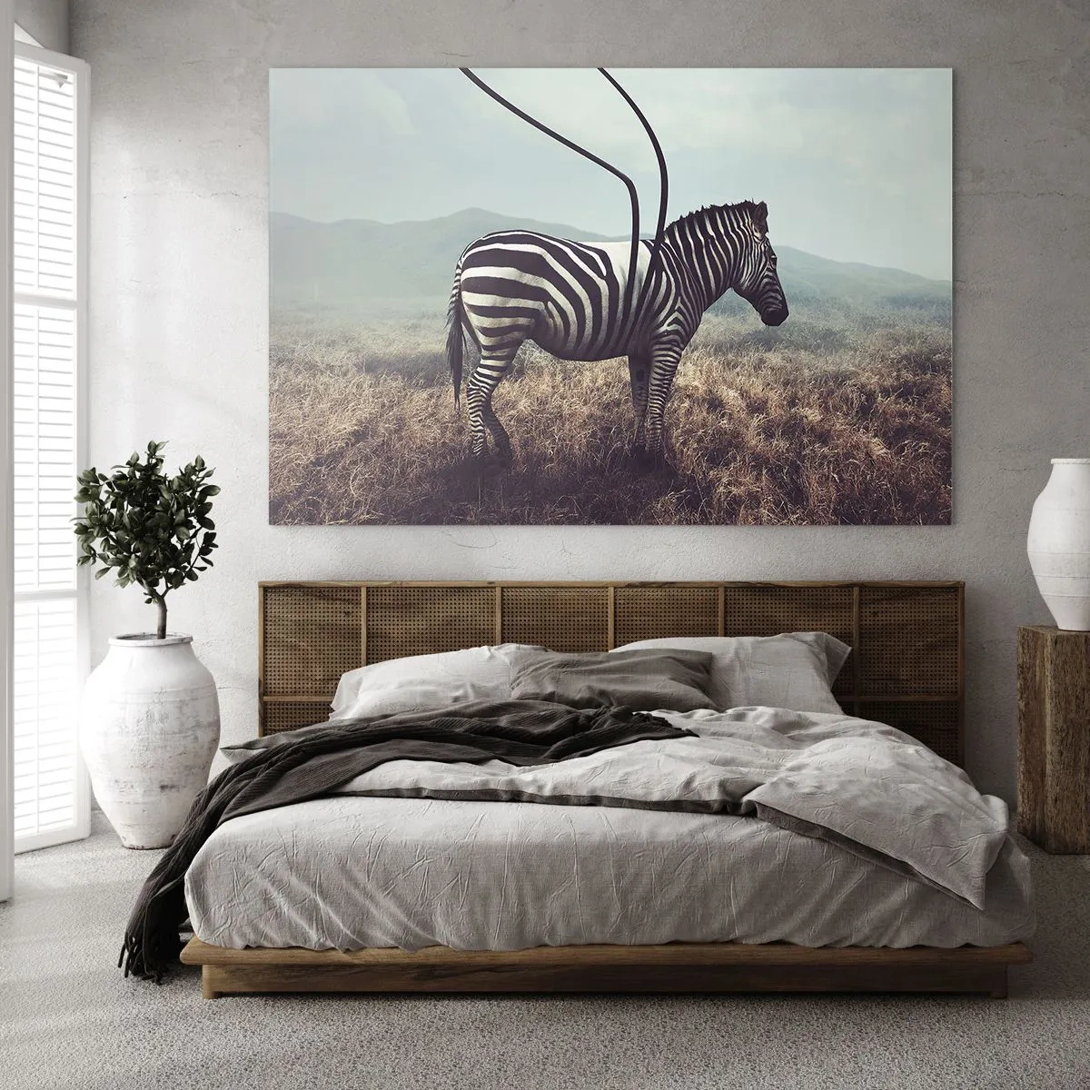 Billede på glas - Zebra på græsbaggrund med surrealistiske antennedetaljer - 70x50cm - OBS! Fejl - Moderne vægdekoration til stue og soveværelse ARTTOR