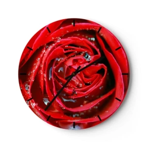 Vægur, Uret - Nærbillede af en rød rose dækket af vanddråber - 30x30cm - I dråber af dug - Moderne vægdekoration til stue, køkken og soveværelse ARTTOR