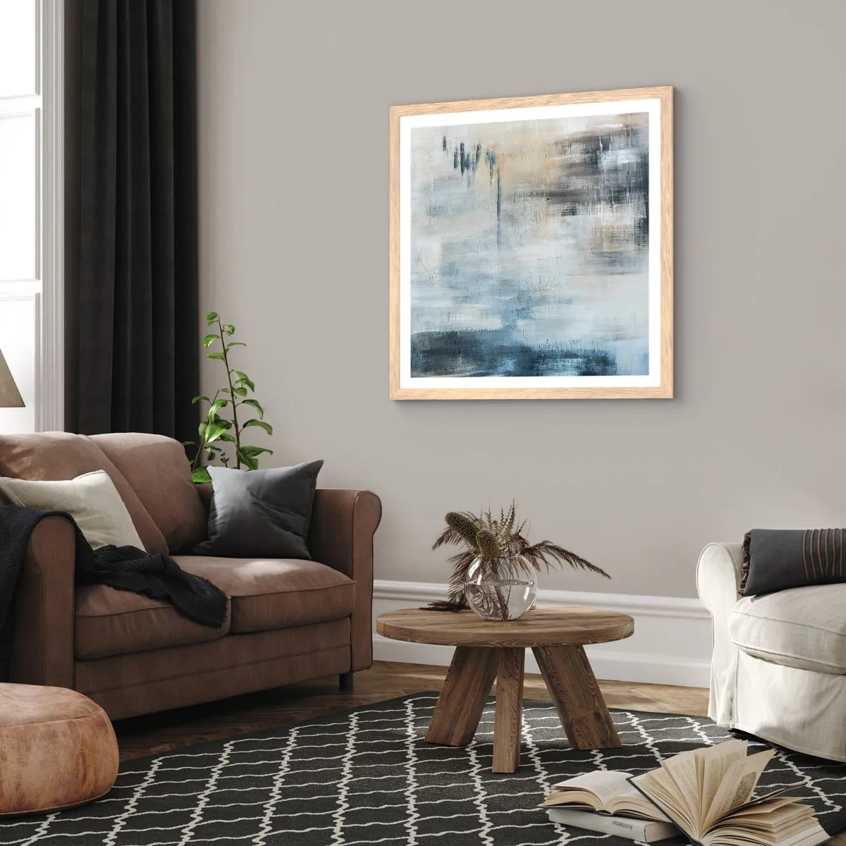 Plakat i ramme af lyst egetræ - Bag et slør af blåt - 40x40 cm