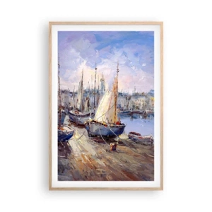 Plakat i ramme af lyst egetræ - By ved bugten - 61x91 cm