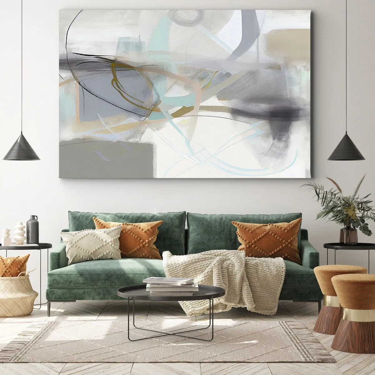 Lærredstryk - Billede på lærred - Pastelabstraktion med fine linjer - 70x50cm - Tågeagtig abstraktion - Moderne vægdekoration til stue og soveværelse ARTTOR