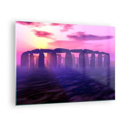 Billede på glas - Stonehenge i lyset af en lyserød solnedgang - 70x50cm - Mystik ved daggry i tågen - Moderne vægdekoration til stue og soveværelse ARTTOR