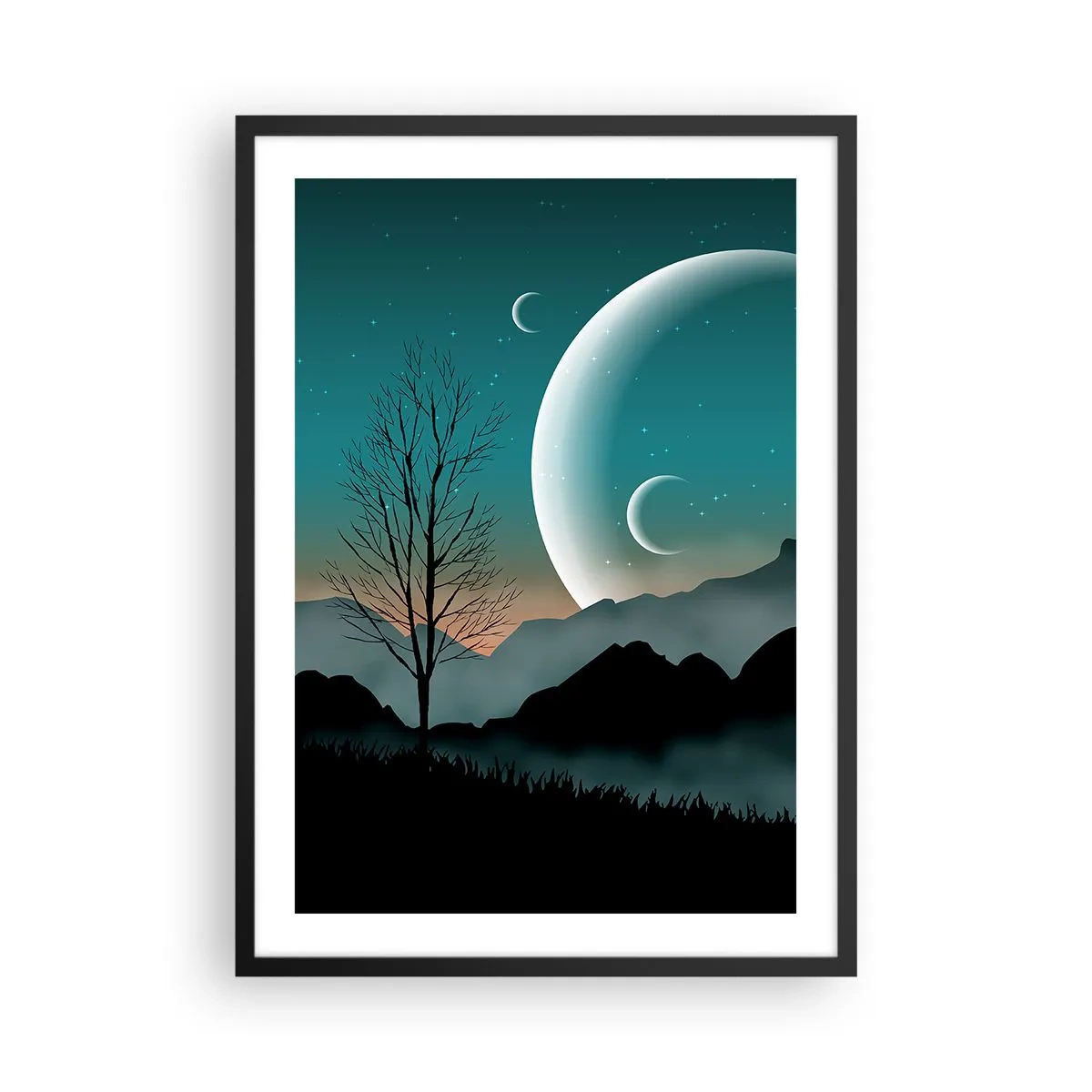 Plakat i sort ramme - Kunstnerisk landskab med månen mod en baggrund af bjerge og træer - 50x70cm - Karneval i den stjerneklare nat - Moderne vægdekoration til stue og soveværelse ARTTOR