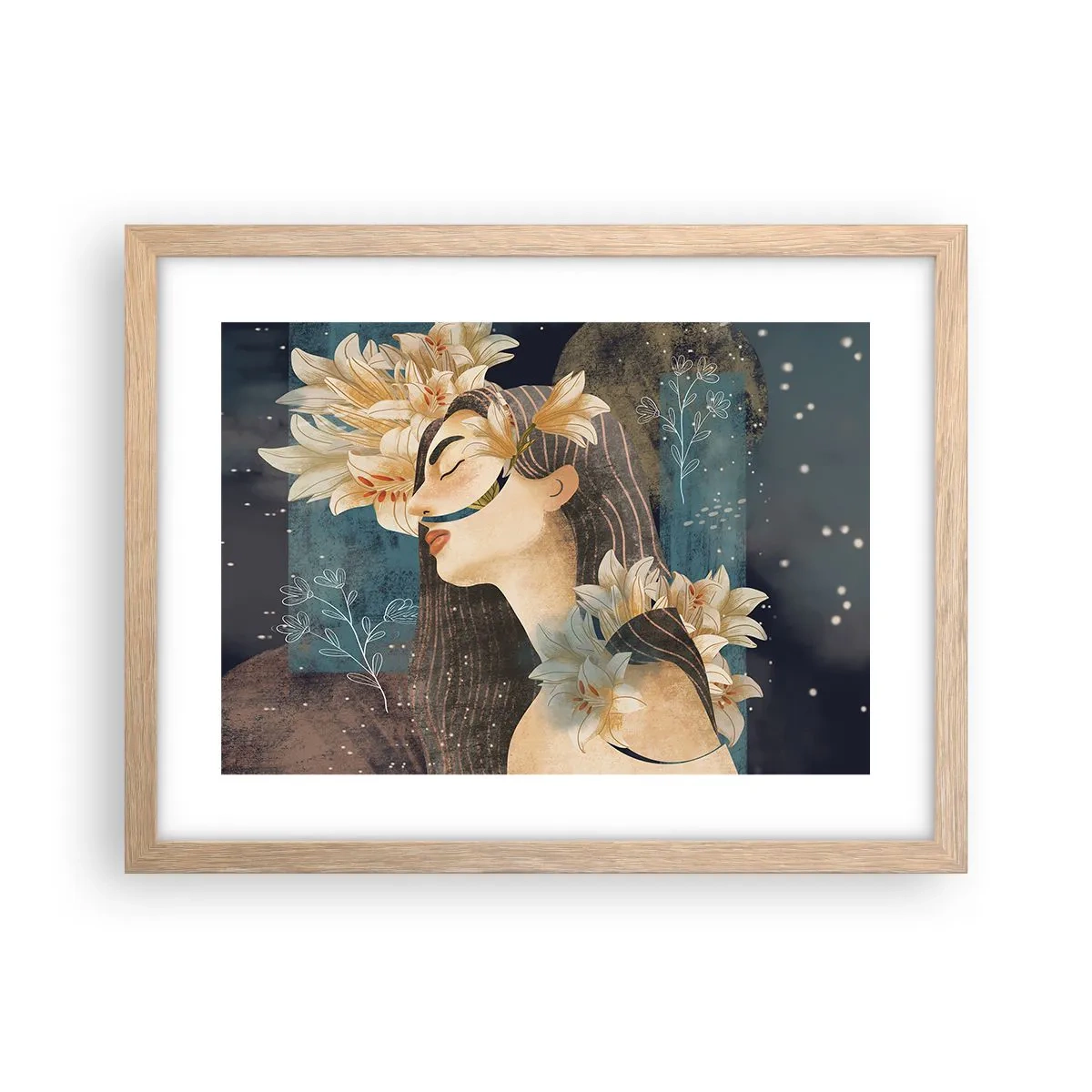 Plakat i ramme af lyst egetræ - Eventyret om prinsessen med liljerne - 40x30 cm