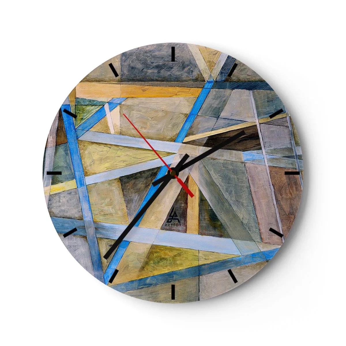 Vægur, Uret - Geometrisk abstraktion med gule og blå accenter på en neutral baggrund. - 30x30cm - Lige eller skråt? - Moderne vægdekoration til stue, køkken og soveværelse ARTTOR