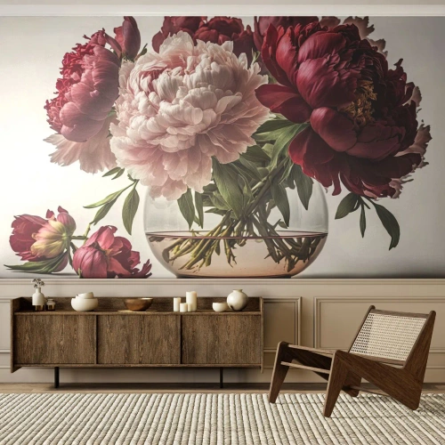 Fototapet Premium Canvas - I fuldt flor af skønhed - Buket blomster, Vase, Pæoner - 500x350 cm