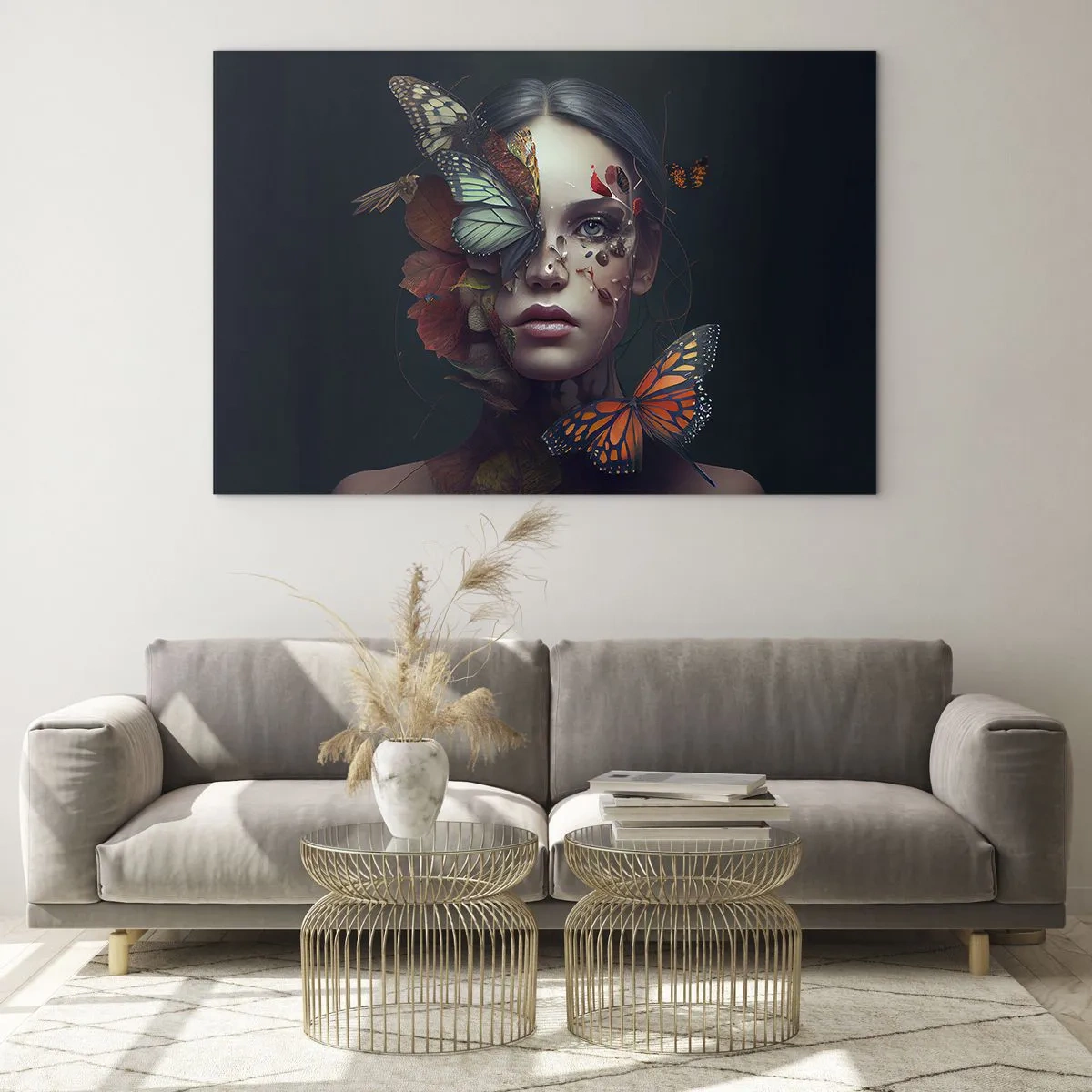 Billede på glas - En kvindes ansigt med sommerfugle og blade i en kunstnerisk komposition - 70x50cm - En vidunderlig metamorfose - Moderne vægdekoration til stue og soveværelse ARTTOR