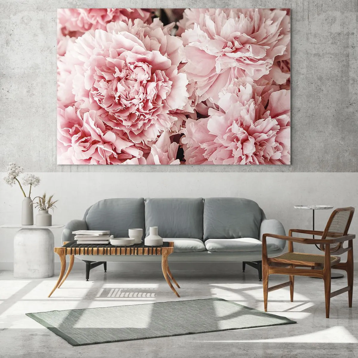 Billede på glas - Nærbillede af lyserøde pæoner i fuldt flor - 70x50cm - Lyserød drøm - Moderne vægdekoration til stue og soveværelse ARTTOR